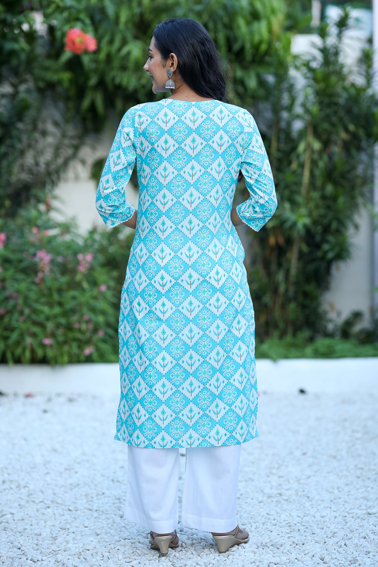 Sky Blue Designer Embroidery Premium Cotton Kurti | Bhadar